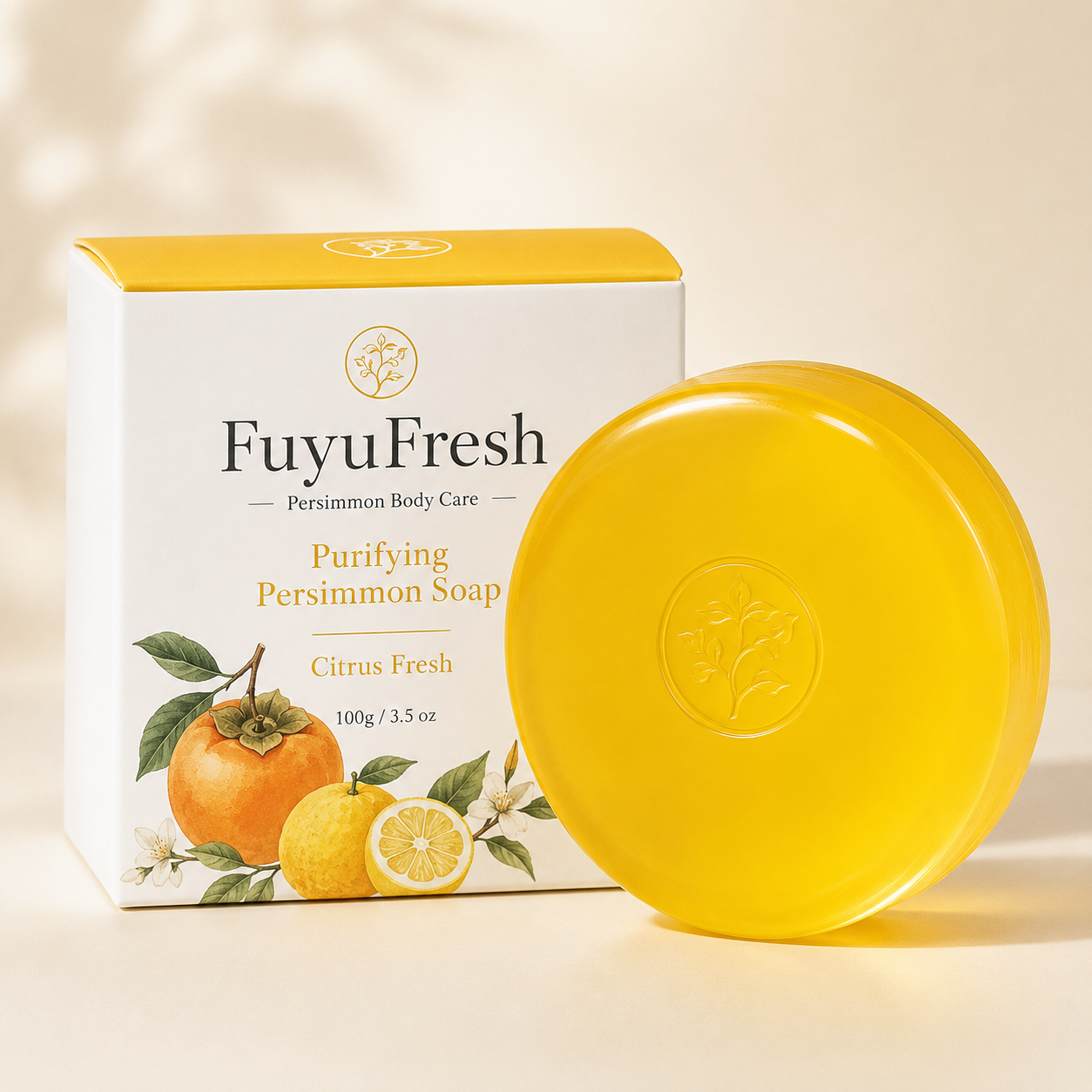 Citrus Persimmon Soap with yellow transparent soap bar and premium white packaging