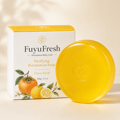 Citrus Persimmon Soap with yellow transparent soap bar and premium white packaging