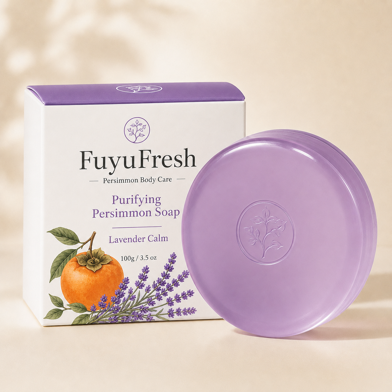 Lavender Persimmon Soap with purple transparent soap bar and premium white packaging