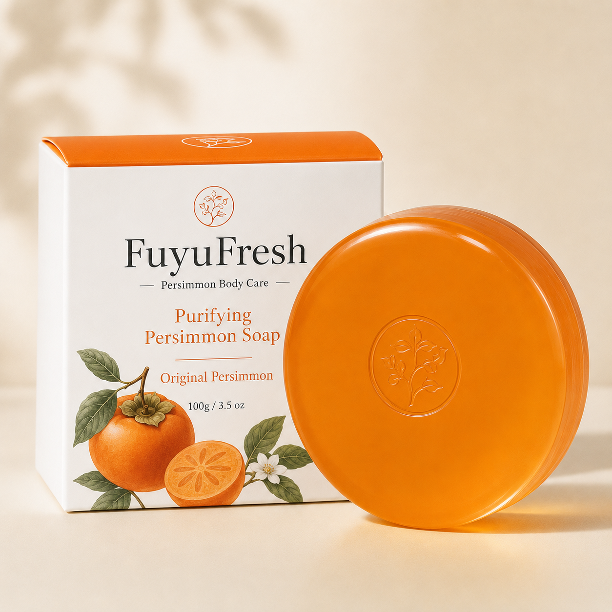 Original Persimmon Soap with orange transparent soap bar and premium white packaging