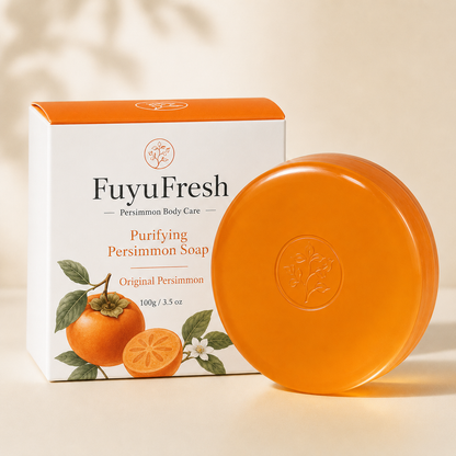 Original Persimmon Soap with orange transparent soap bar and premium white packaging